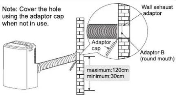 Note: Cover the hole using the adaptor cap when not in use. Adaptor cap Adaptor B (round mouth) maximum:120cm minimum:30cm Wall exhaust adaptor