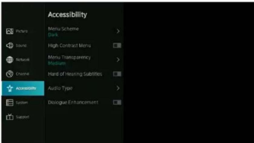 Accessibility Menu Scheme Dark High Contrast Menu Menu Transparency Medium Hard of Hearing Subtitles Accessibility Audio Type Dialogue Enhancement
