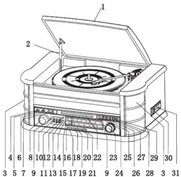 Technical diagram of a portable radio with numbered parts and control panel visible