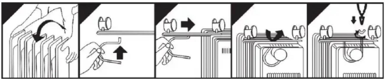 Diagram illustrating a mechanical assembly process with labeled steps and directional arrows indicating motion.