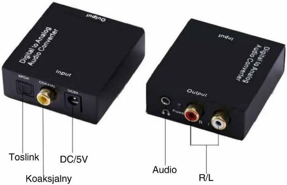 Digital to Analog Audio Converter Input SPDIF COAXIAL DC5V Toslink DC/5V Koaksjalny Digital to Analog Output Power R Audio R/L