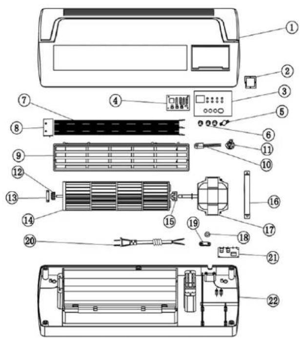 Exploded view diagram of an air conditioner unit with numbered components for identification
