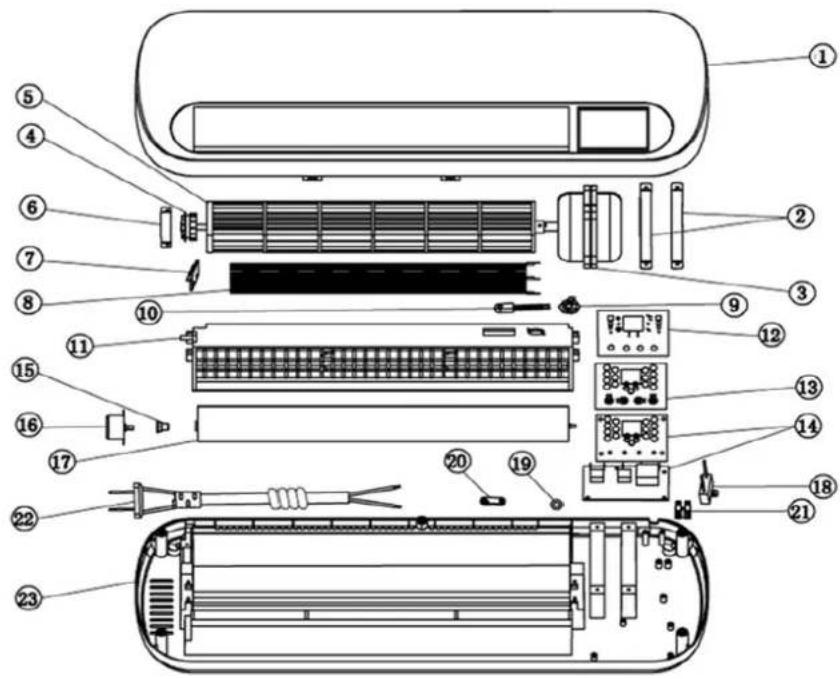 Exploded view diagram of an air conditioner unit with numbered parts for identification