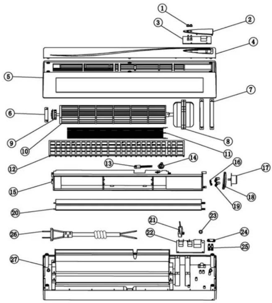 Exploded view diagram of an air conditioner system with numbered components for identification