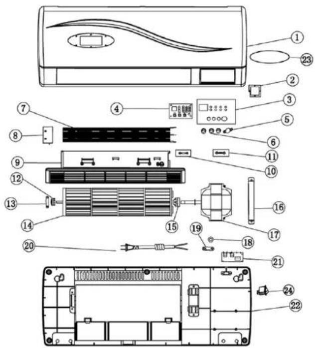 Exploded view diagram of an air conditioner unit with numbered components and labeled parts