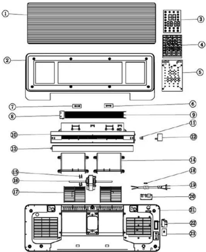 Exploded view diagram of an air conditioner module with numbered parts and internal components