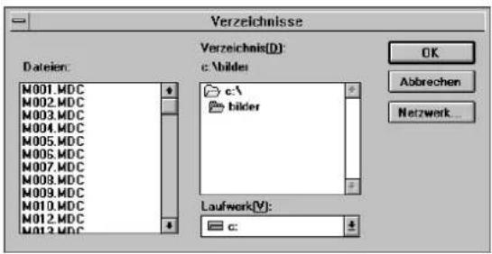 Verzeichnisse Dateien: M001.MDC M002.MDC M003.MDC M004.MDC M005.MDC M006.MDC M007.MDC M008.MDC M009.MDC M010.MDC M012.MDC M013.MDC Verzeichnis(D): c:\bilder c:\ bilder Laufwerk(V): c:
