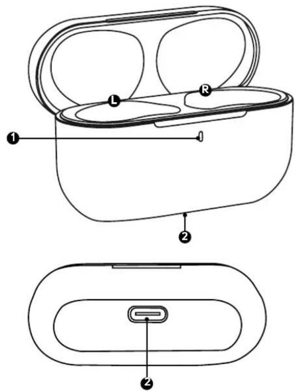 Technical diagram of an wireless earbuds with labeled components and internal structure