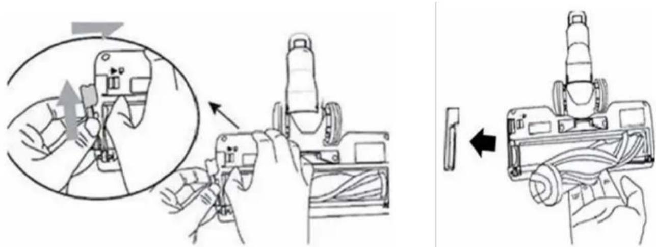 Technical diagram showing hands operating a mechanical device with a magnified inset view of the tool's operation.