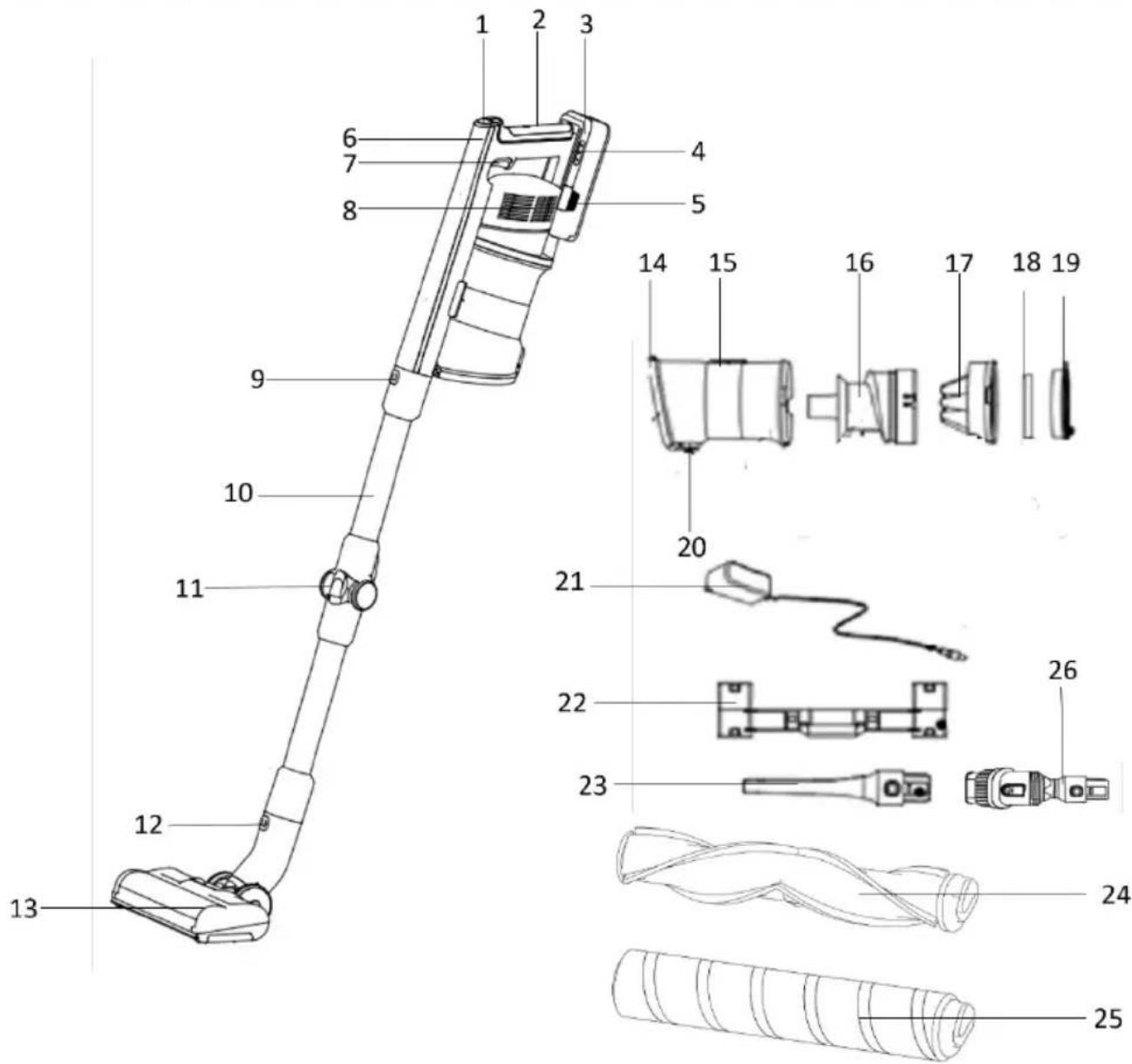 Technical diagram of a vacuum cleaner with numbered parts and exploded view, including internal components and assembly details.