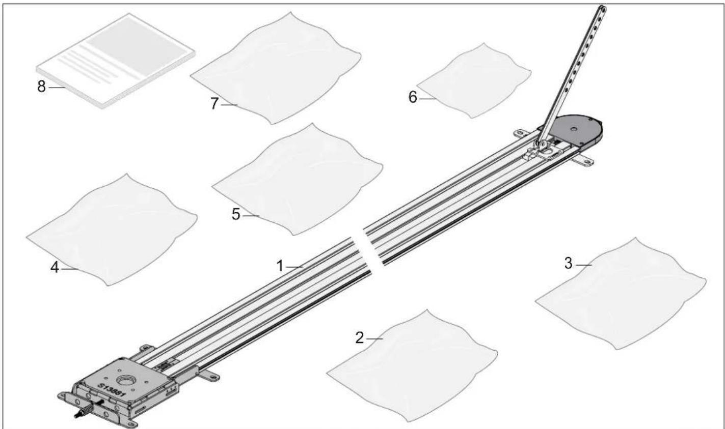 Technical diagram of a mechanical assembly with numbered components and labeled parts, including a 3D model and its corresponding 2D views.