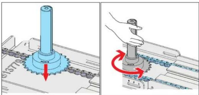 Technical diagram showing mechanical assembly steps with labeled components and red arrows indicating rotation or adjustment.