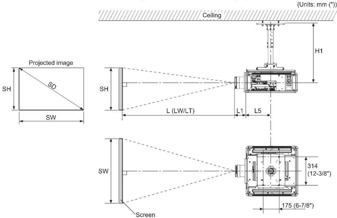 Projected image SH SD SW Ceiling (Units: mm('')) H1 SH L (LW/LT) L1 L5 SW Screen 314 (12-3/8") 175 (6-7/8")