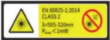 EN 60825-1:2014 CLASS 2 λ=505-520nm Pmax <1mW