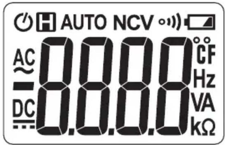 AUTO NCV AC 0.000 °CF DC 0.000 kHz VA kΩ