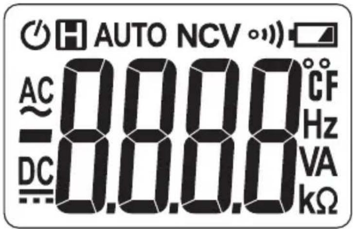 AUTO NCV AC 0.000 °C F DC 0.000 Hz VA kΩ
