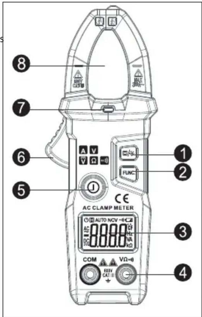 8 7 6 5 1 2 ① ② ③ ④ AC CLAMP METER AUTO NCV -0 AC DC COM VΩ-0 600V CAT III