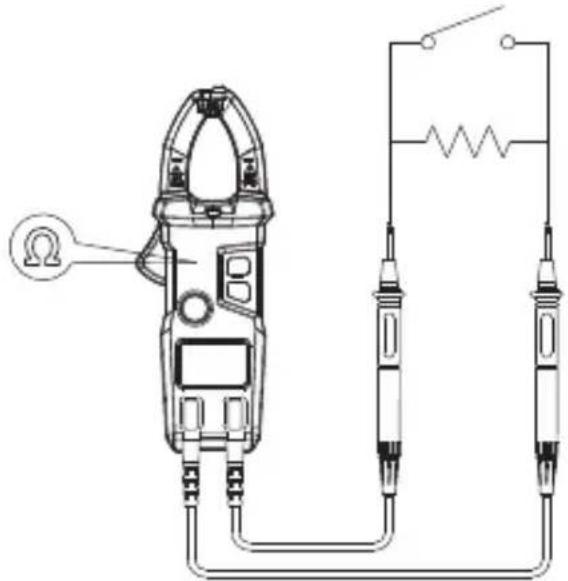 Diagram of an electrical clamp meter connected to a circuit with labeled components including a switch, resistor, and battery.