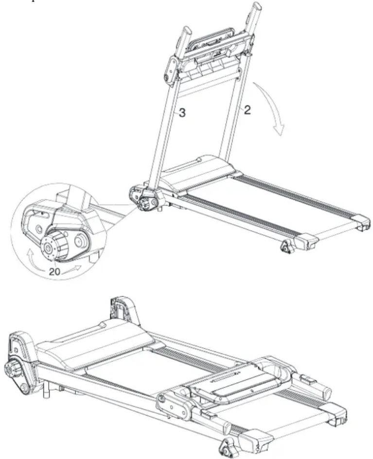 Technical diagram of a treadmill with labeled parts and motion arrows, including a detailed inset showing the internal mechanism.