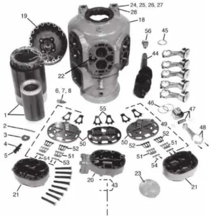 Exploded view diagram of a mechanical assembly with numbered parts and exploded views