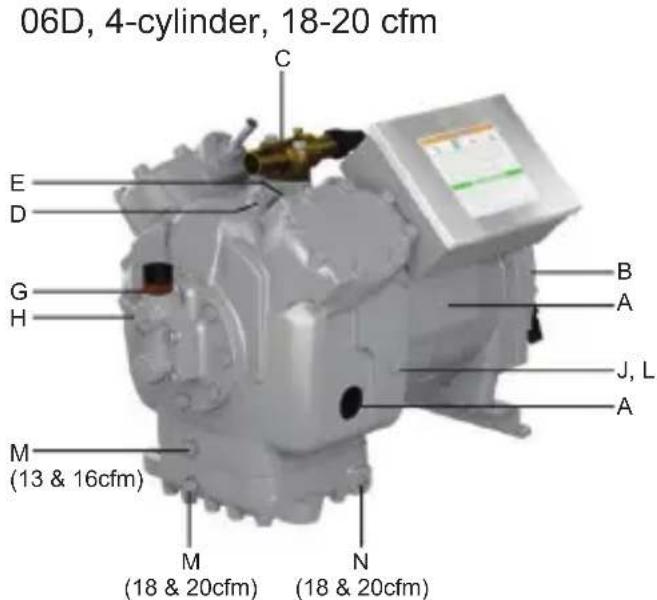06D, 4-cylinder, 18-20 cfm C E D G H B A J, L A M (13 & 16cfm) M (18 & 20cfm) N (18 & 20cfm)