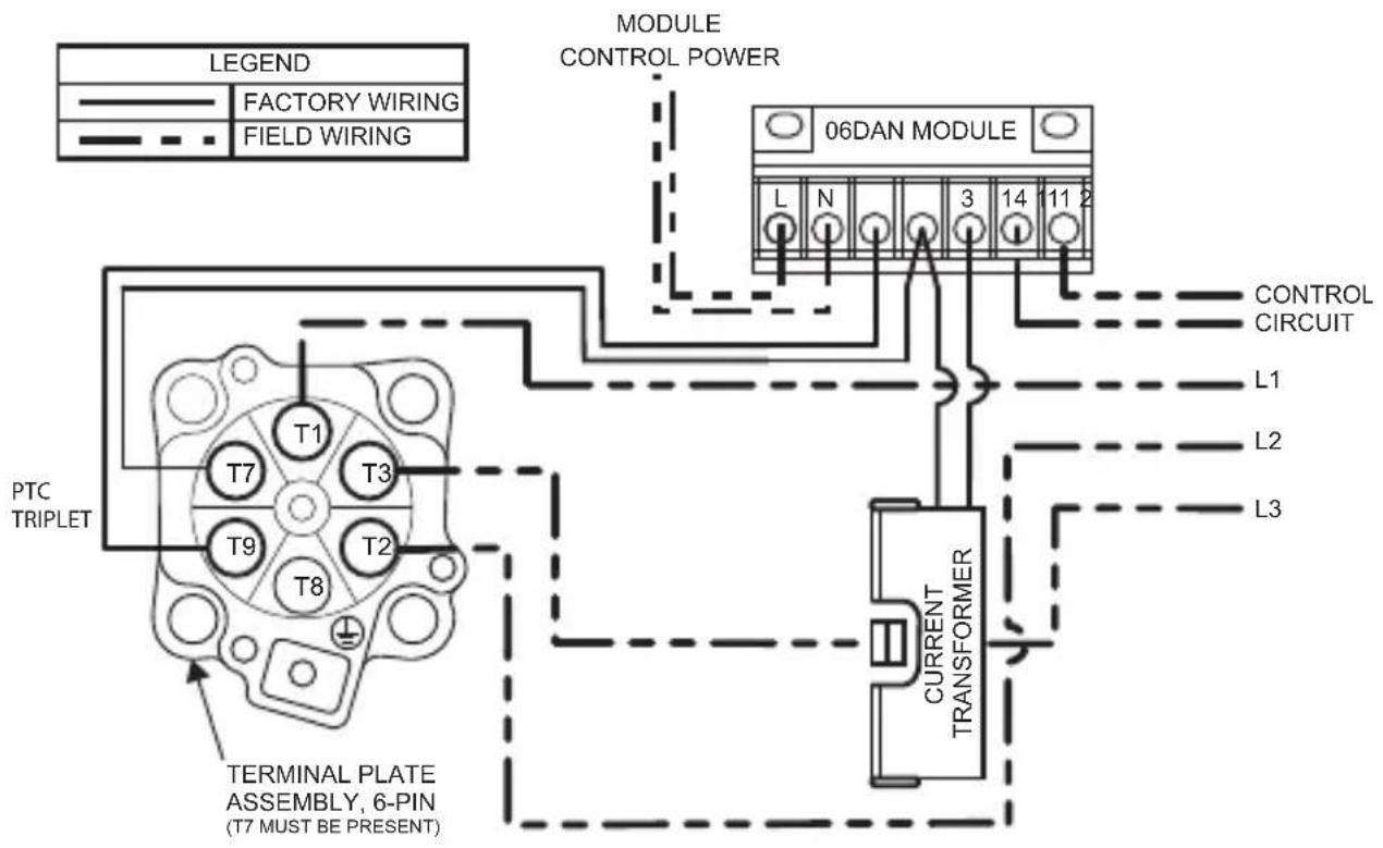 LEGEND FACTORY WIRING FIELD WIRING MODULE CONTROL POWER 06DAN MODULE L N 3 14 11 2 CONTROL CIRCUIT L1 L2 L3 PTC TRIPLET T7 T3 T9 T2 T8 TERMINAL PLATE ASSEMBLY, 6-PIN (T7 MUST BE PRESENT) CURRENT TRANSFORMER