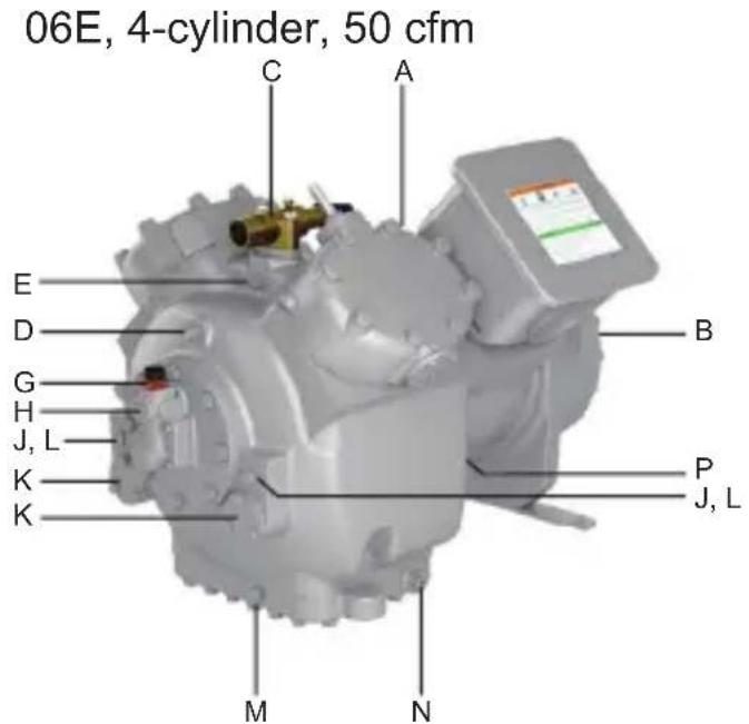 06E, 4-cylinder, 50 cfm C A E D B G H J, L P J, L K K M N