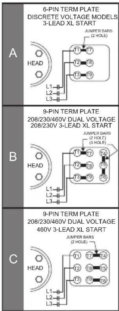 6-PIN TERM PLATE DISCRETE VOLTAGE MODELS 3-LEAD XL START JUMPER BARS (2 HOLE) T1 T7 T2 T8 T3 T9 L1 L2 L3 9-PIN TERM PLATE 208/230/460V DUAL VOLTAGE 208/230V 3-LEAD XL START JUMPER BARS (2 HOLE) (3 HOLE) T1 T7 T4 T2 T8 T5 T3 T9 T6 B HEAD L1 L2 L3 9-PIN TERM PLATE 208/230/460V DUAL VOLTAGE 460V 3-LEAD XL START JUMPER BARS (2 HOLE) T1 T7 T4 T2 T8 T5 T3 T9 T6 C HEAD L1 L2 L3