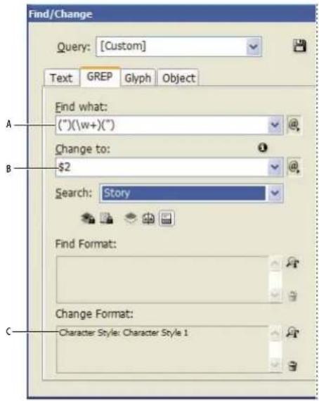 Find/Change Query: [Custom] Text GREP Glyph Object Find what: (")(\w+)(") Change to: $2 Search: Story Find Format: Change Format: Character Style: Character Style 1