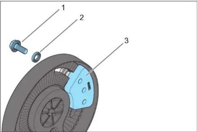 Technical diagram of a car brake system with labeled components including a brake caliper and two parts of a wheel assembly.