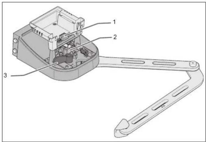 Technical diagram of a mechanical device with labeled parts 1, 2, and 3
