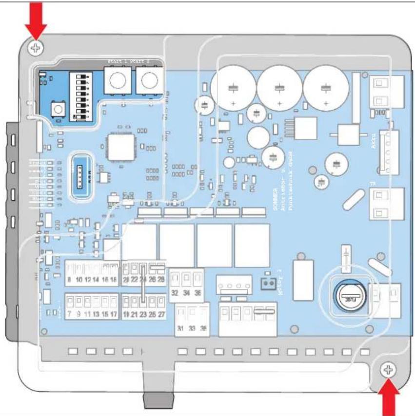 Diagram of an electronic device rear panel with labeled components and red directional arrows indicating orientation.