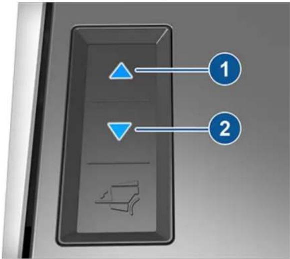 Diagram of a door handle with blue directional indicators and numbered labels 1 and 2 pointing to specific parts.