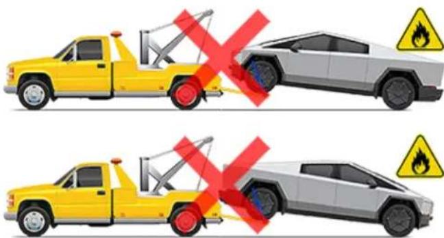 Diagram showing two yellow tow trucks with red X marks indicating collision or explosion, each with a warning symbol.
