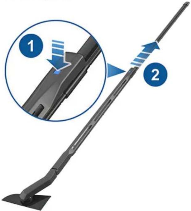 Diagram showing a cleaning tool with labeled parts and directional arrows indicating motion or movement.