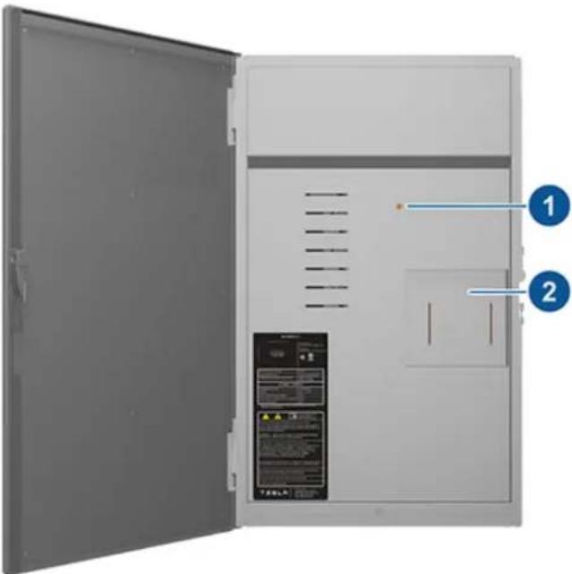 Diagram of an open electrical enclosure with labeled components and warning labels