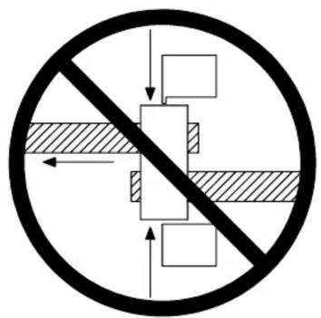 Prohibition sign with crossed-out shapes and arrows indicating movement or restriction zones
