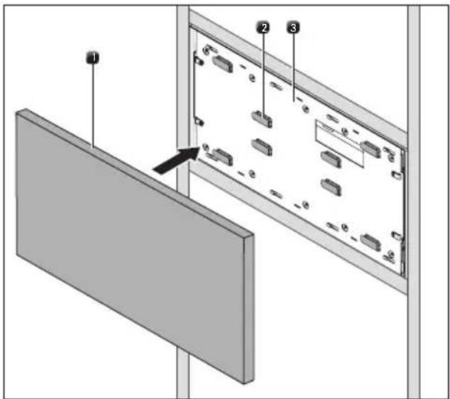 Diagram showing a device panel with labeled components and an arrow pointing to a component, likely illustrating a display or assembly process.