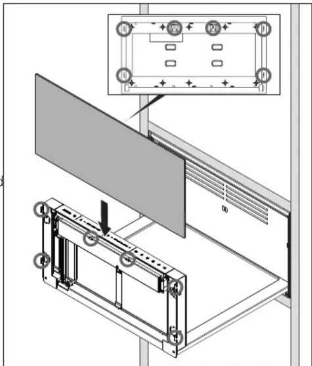 Technical diagram showing a structural assembly with labeled components and directional arrows, including a magnified inset of a panel layout.