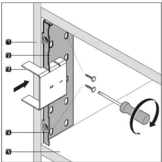 Technical diagram showing a mechanical assembly with numbered components and a screwdriver mechanism indicated by rotation arrow.
