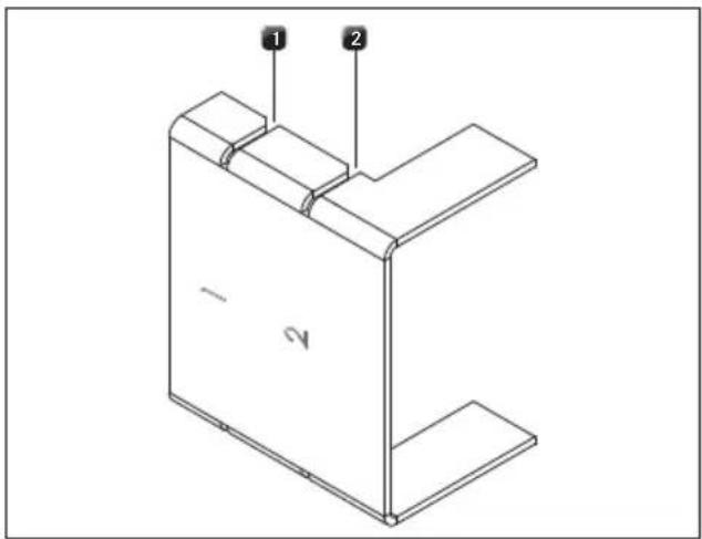 Technical diagram of a 3D mechanical part with labeled parts 1 and 2