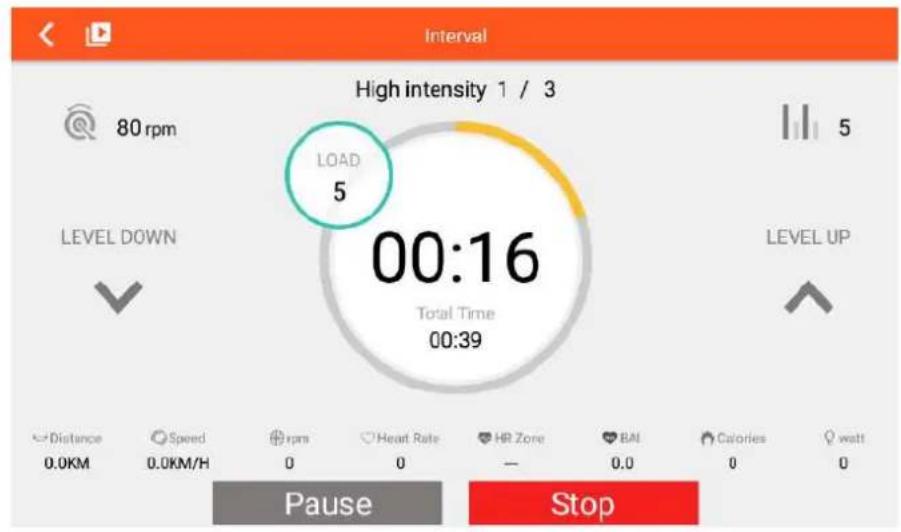 Interval High intensity 1 / 3 80 rpm LOAD 5 00:16 Total Time 00:39 LEVEL DOWN LEVEL UP Distance Speed rpm Heart Rate HR Zone BAI Calories watt 0.0KM 0.0KM/H 0 0 — 0.0 0 0 Pause Stop