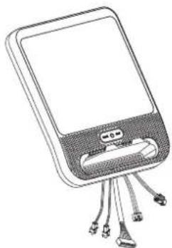 Line drawing of a handheld electronic device with cables and connectors (no text or symbols)