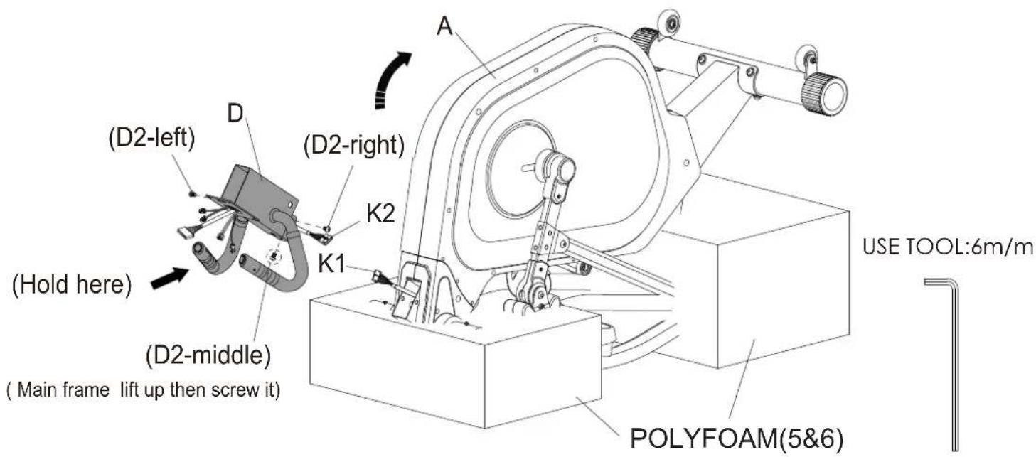(D2-left) (D2-right) (Hold here) (D2-middle) (Main frame lift up then screw it) K1 K2 A POLYFOAM(5&6) USE TOOL:6m/m