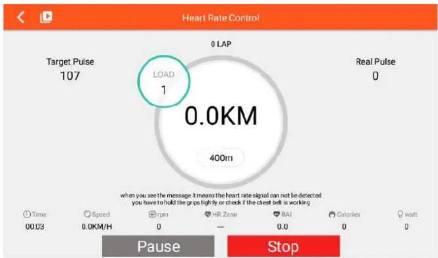 Heart Rate Control Target Pulse 107 0 LAP LOAD 1 0.0KM 400m Real Pulse 0 when you see the message it means the heart rate signal can not be detected you have to hold the grips tightly or check if the chest belt is working Time Speed rpm HR Zone BAI Calories wait 00:03 0.0KM/H 0 — 0.0 0 0 Pause Stop