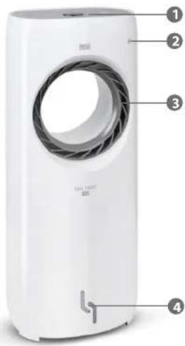 Labeled diagram of a white air purifier with numbered parts for identification