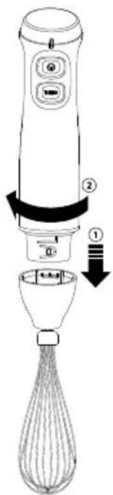 Diagram of a hairdryer with labeled parts and directional arrows indicating motion or assembly steps