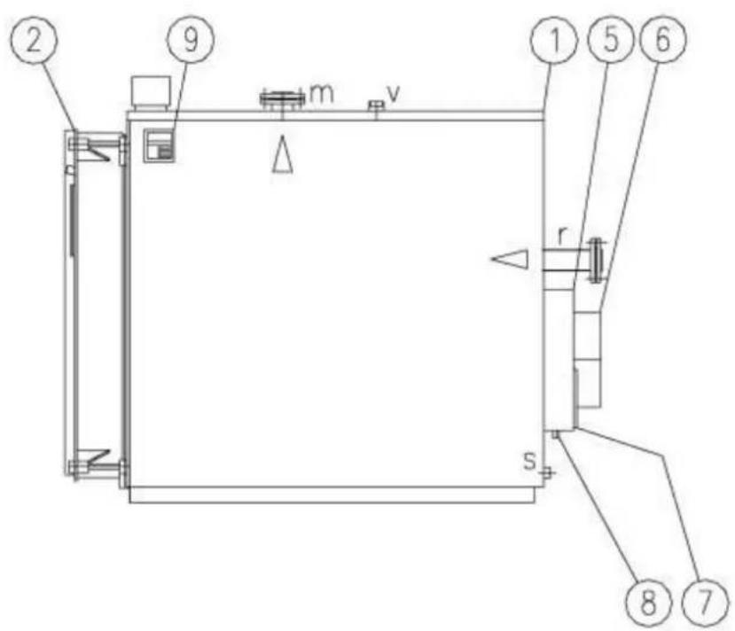 Technical diagram of a mechanical or electrical component with numbered parts and labeled features such as m, v, r, s, and symbols.
