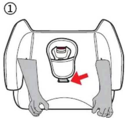 Diagram showing a car seat with a highlighted seatbelt and a red arrow indicating the seatbelt direction.