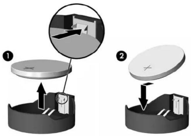 Diagram illustrating two steps of a mechanical or electrical component assembly, labeled 1 and 2, with arrows indicating movement and components.